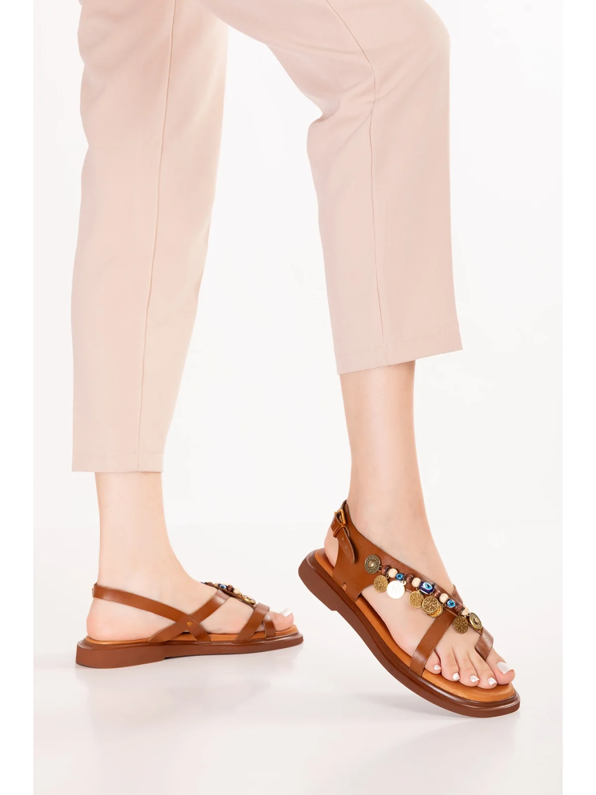 Gondol Hakiki Deri Vaketa Parmak Arası Süslü Sandalet crm.305 Taba