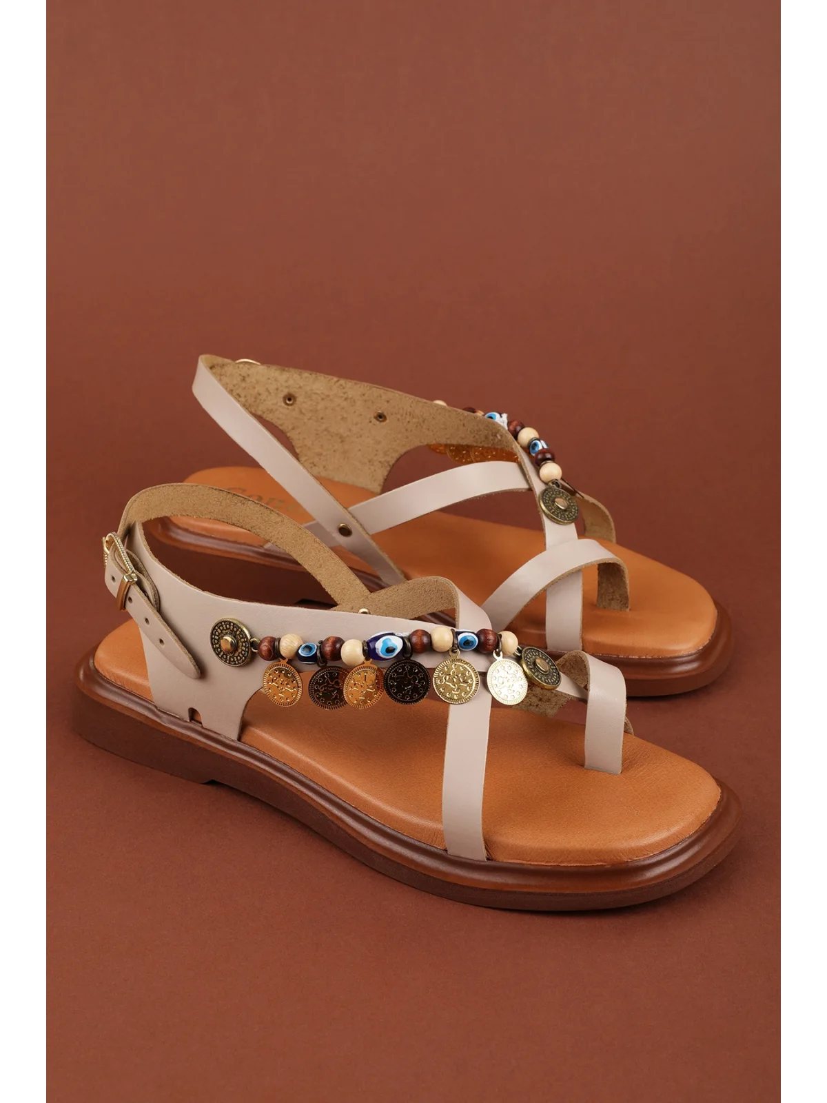 Gondol Hakiki Deri Vaketa Parmak Arası Süslü Sandalet crm.305 Vizon