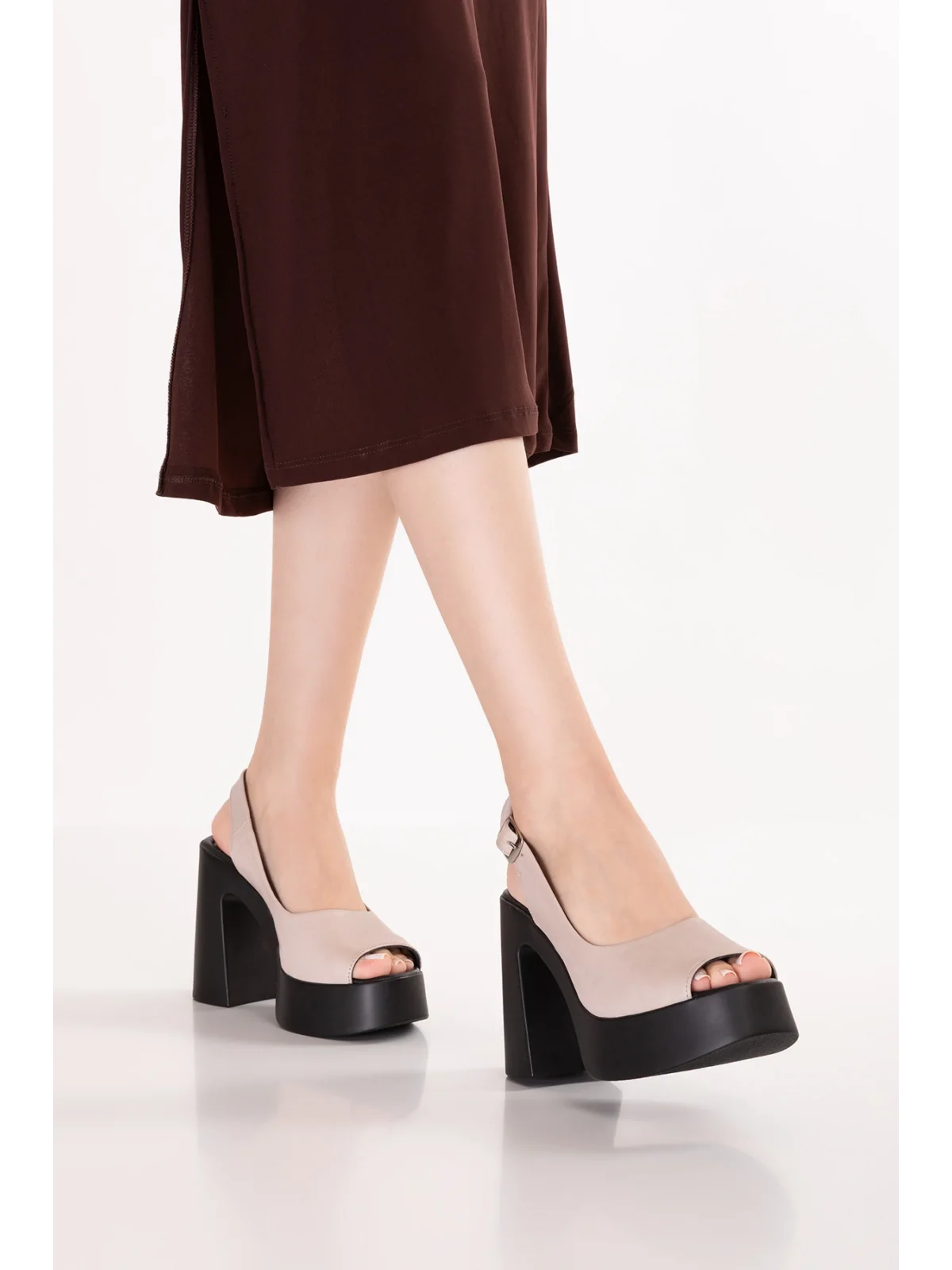 Gondol Hakiki Deri Platform Taban Topuklu Sandalet pkr.66005 Buz Gri