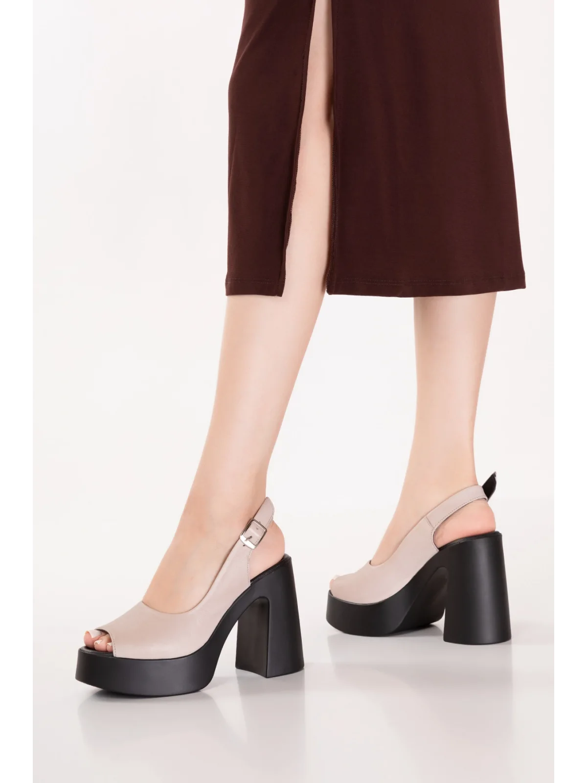 Gondol Hakiki Deri Platform Taban Topuklu Sandalet pkr.66005 Buz Gri
