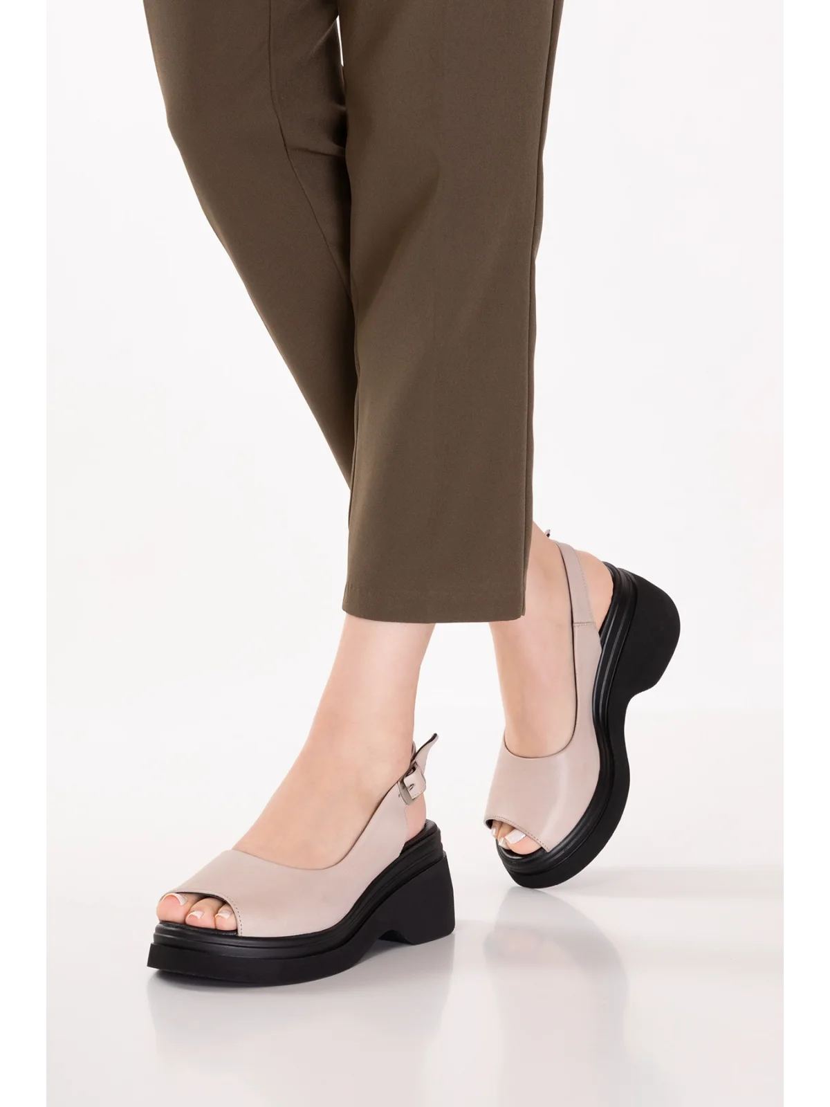 Gondol Hakiki Deri Platform Taban Sandalet pkr.64003 Buz Gri