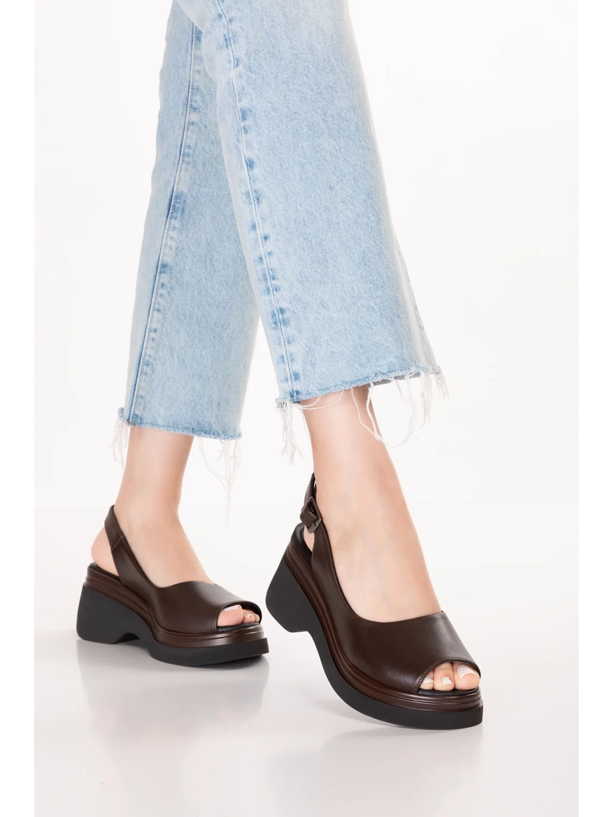 Gondol Hakiki Deri Platform Taban Sandalet pkr.64003 Kahverengi
