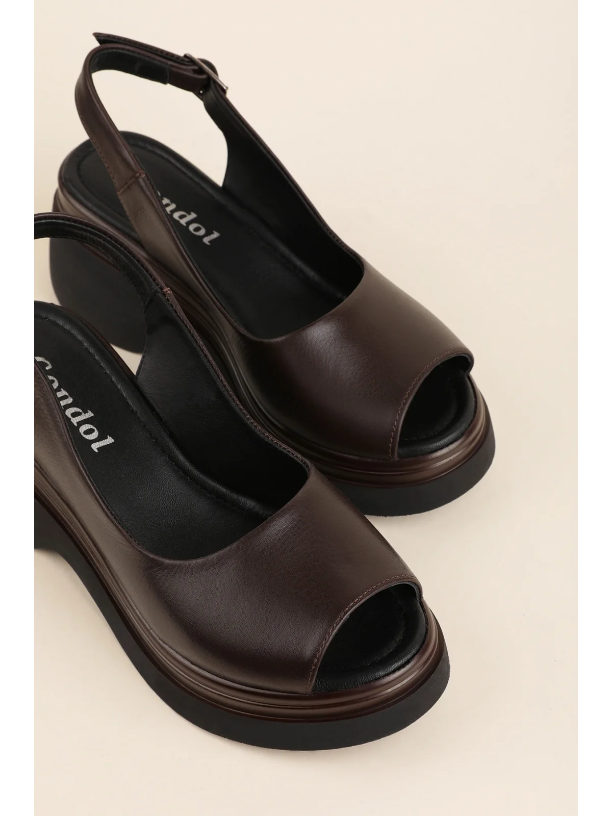 Gondol Hakiki Deri Platform Taban Sandalet pkr.64003 Kahverengi