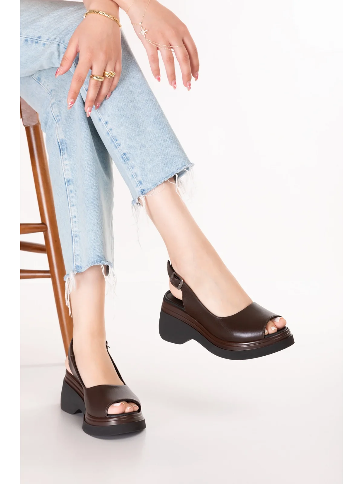 Gondol Hakiki Deri Platform Taban Sandalet pkr.64003 Kahverengi