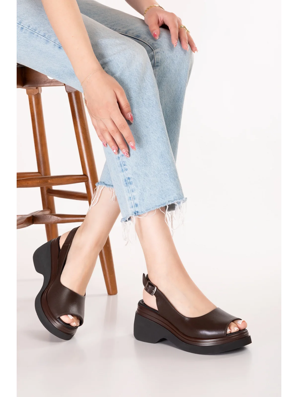 Gondol Hakiki Deri Platform Taban Sandalet pkr.64003 Kahverengi