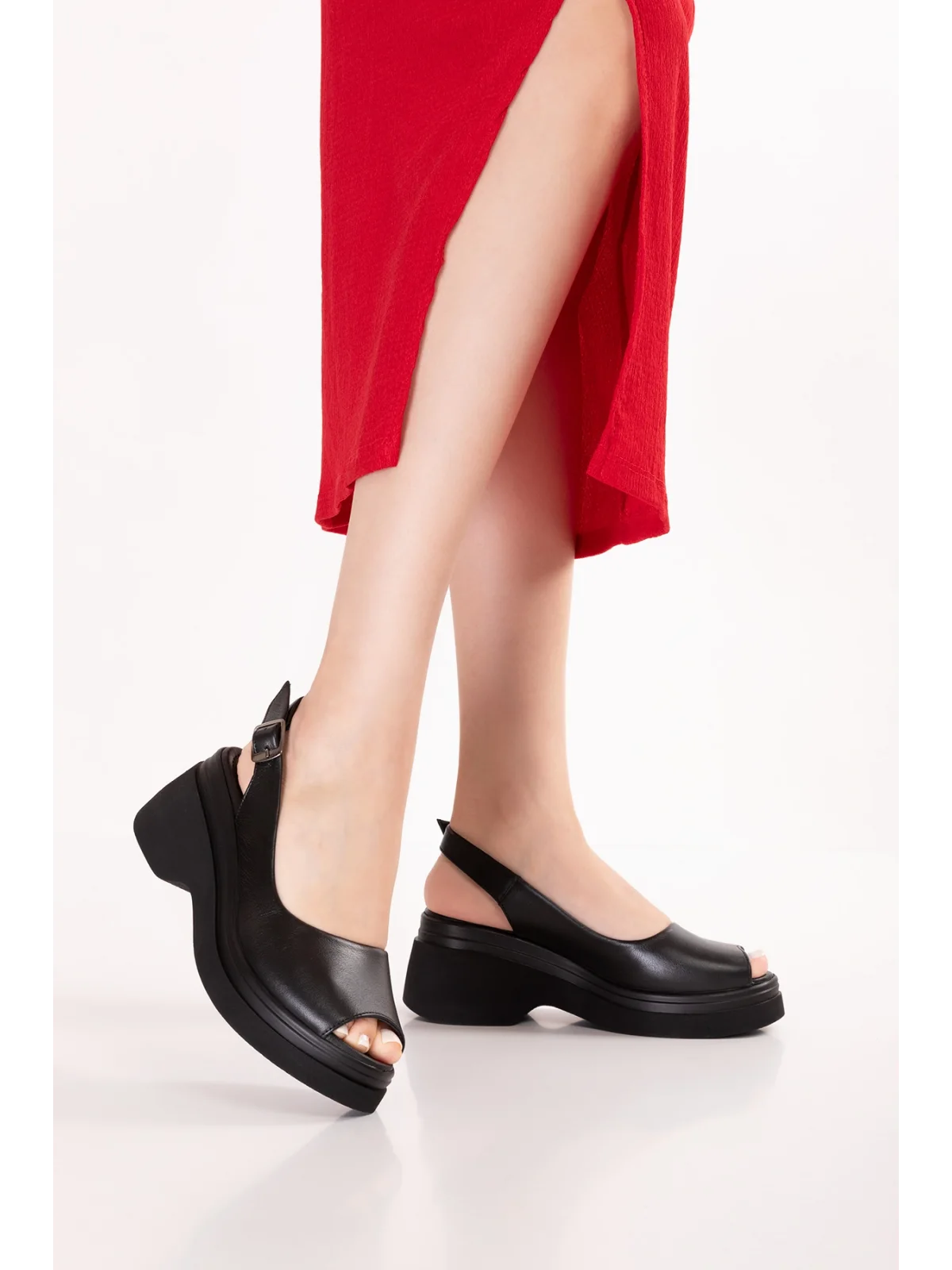 Gondol Hakiki Deri Platform Taban Sandalet pkr.64003 Siyah