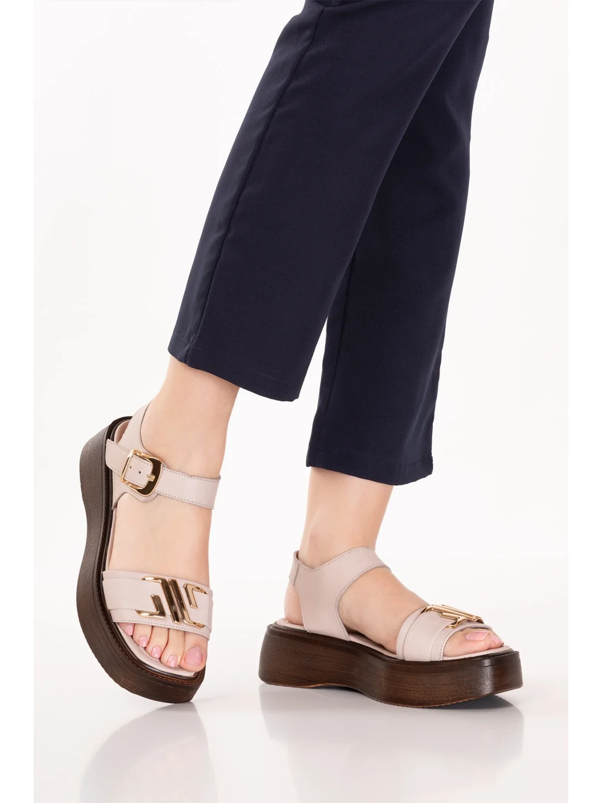 Gondol Hakiki Deri Platform Taban Sandalet pkr.2401 Buz Gri