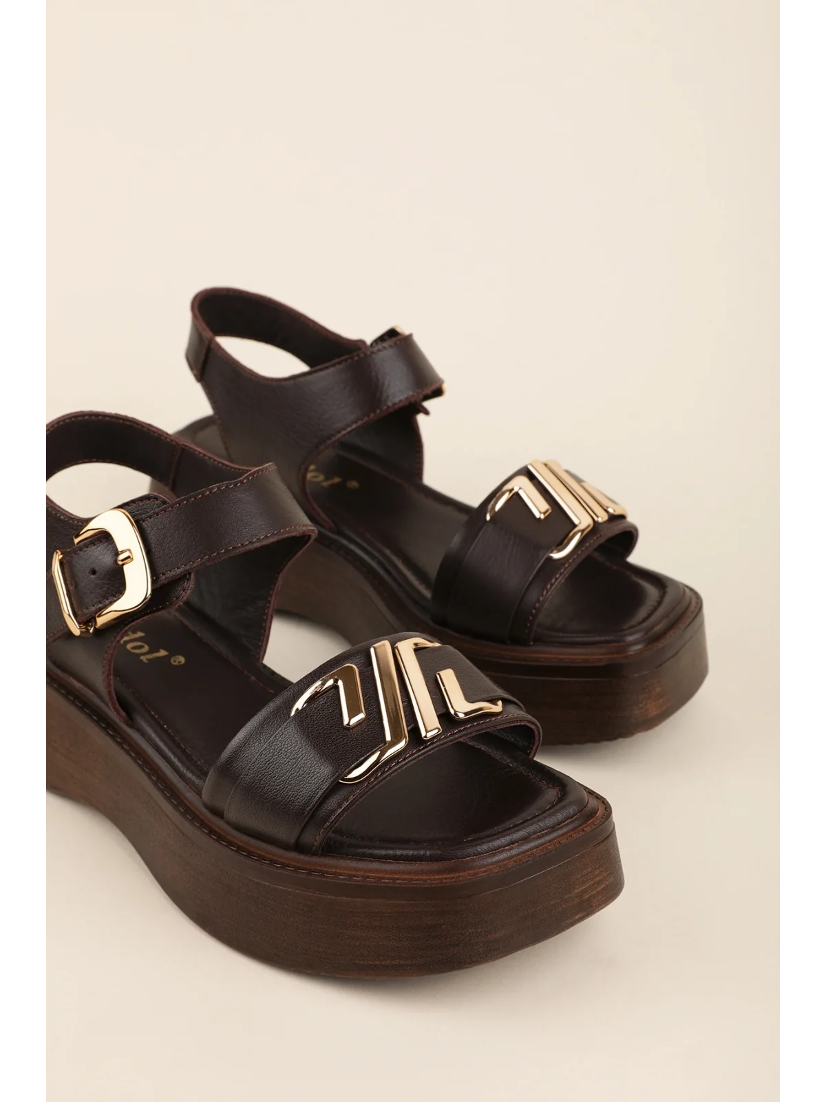 Gondol Hakiki Deri Platform Taban Sandalet pkr.2401 Kahverengi