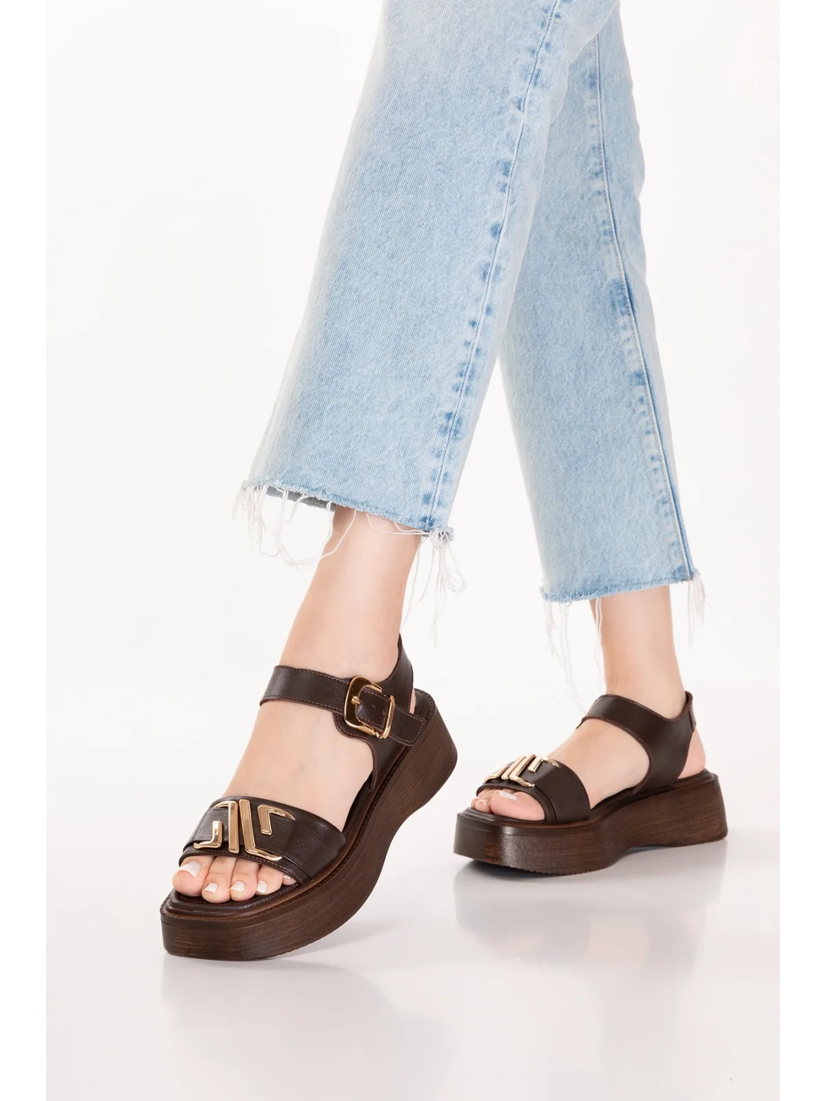 Gondol Hakiki Deri Platform Taban Sandalet pkr.2401 Kahverengi
