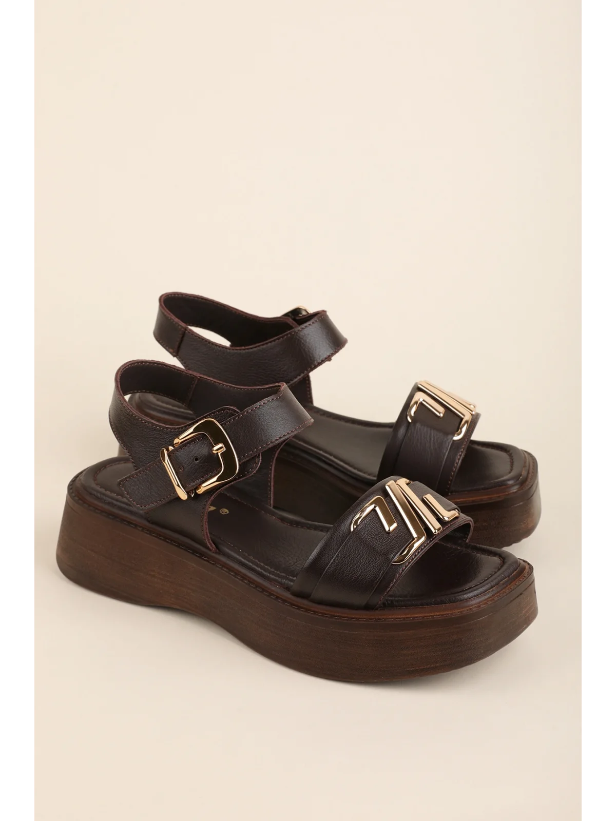 Gondol Hakiki Deri Platform Taban Sandalet pkr.2401 Kahverengi