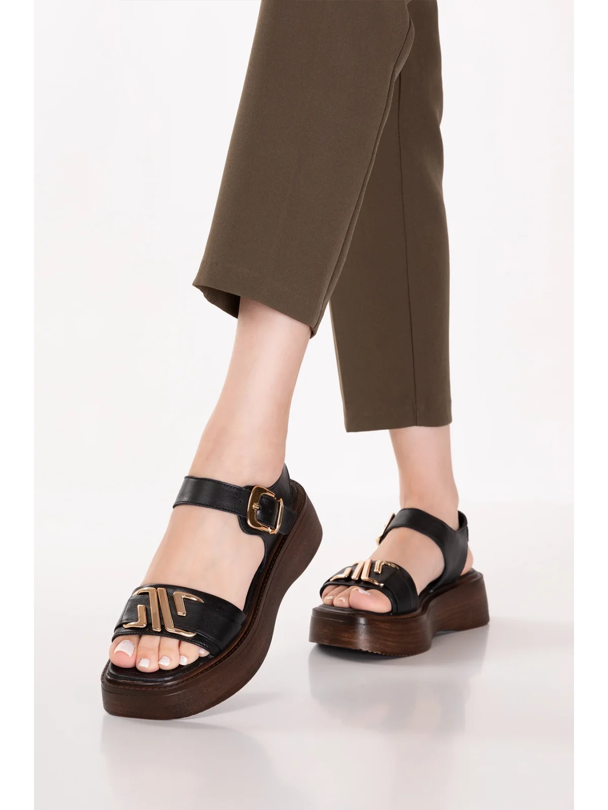 Gondol Hakiki Deri Platform Taban Sandalet pkr.2401 Siyah