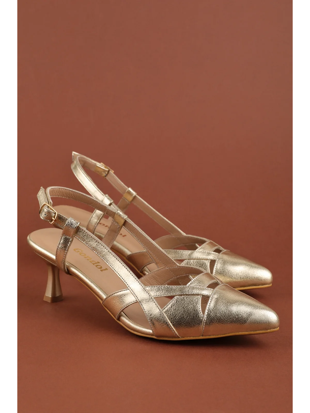 Gondol Kadın Hakiki Deri İnce Stiletto Topuklu Abiye Ayakkabı ast.6870 Gold