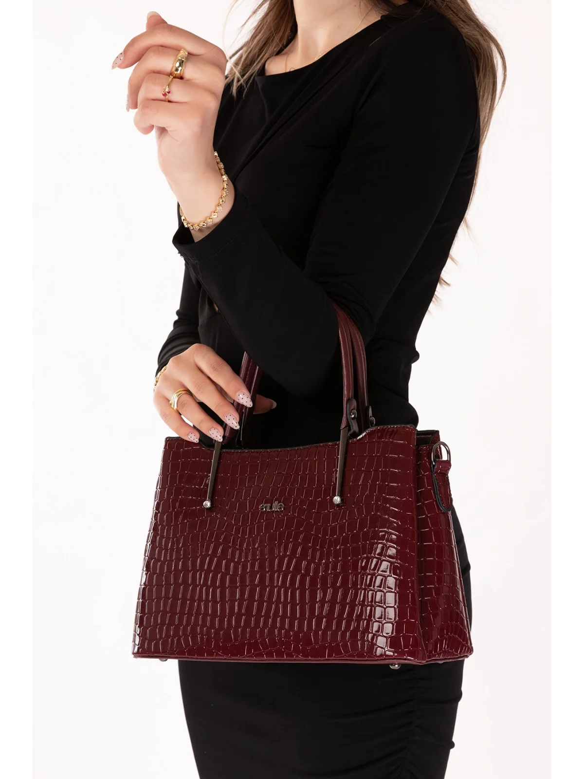 Gondol Kadın Çift Bölmeli El ve Omuz Çantası ald.3876 Bordo Croco
