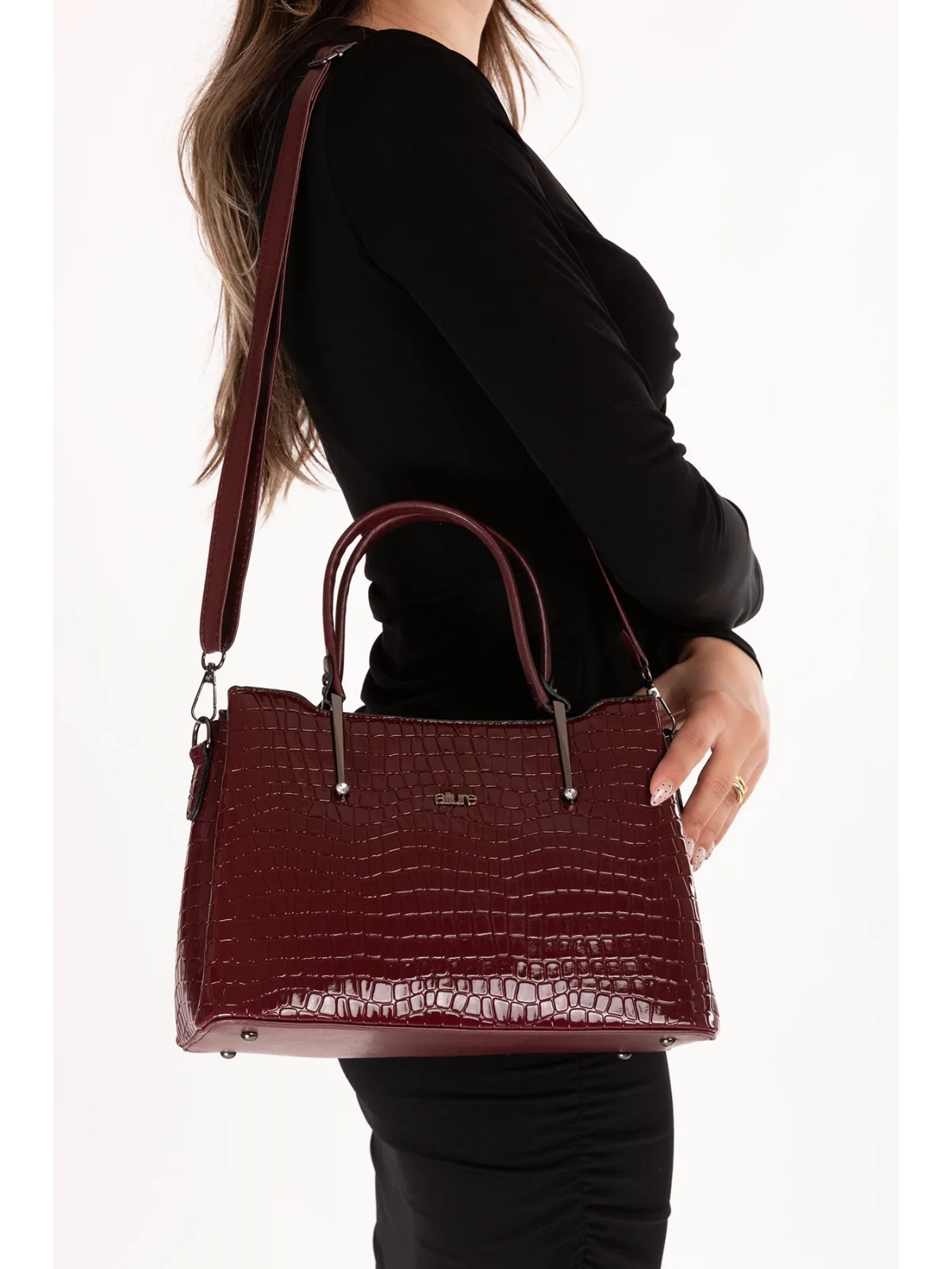 Gondol Kadın Çift Bölmeli El ve Omuz Çantası ald.3876 Bordo Croco
