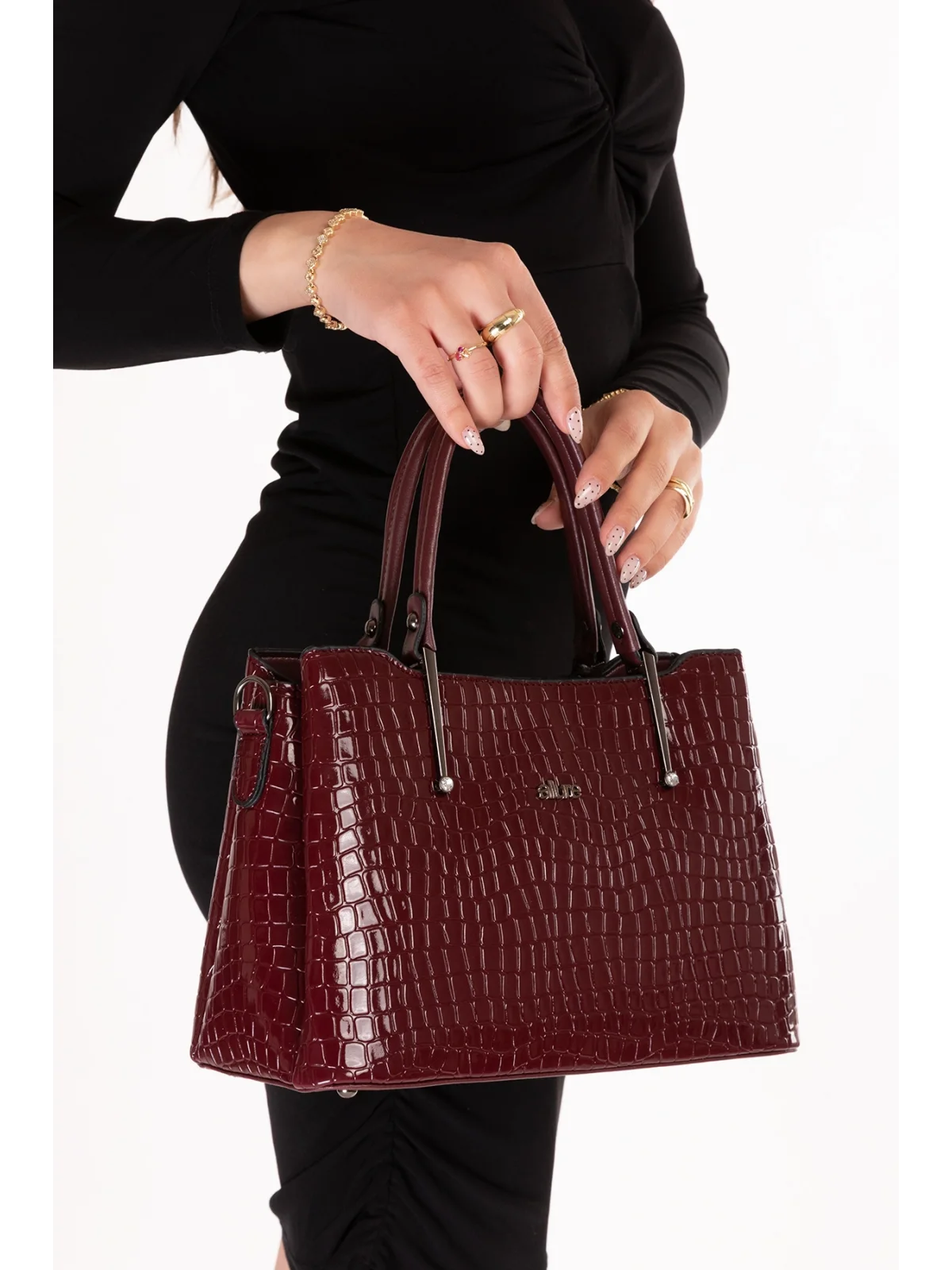Gondol Kadın Çift Bölmeli El ve Omuz Çantası ald.3876 Bordo Croco