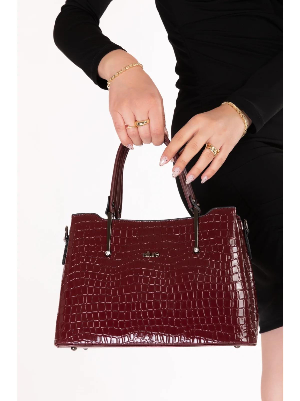 Gondol Kadın Çift Bölmeli El ve Omuz Çantası ald.3876 Bordo Croco