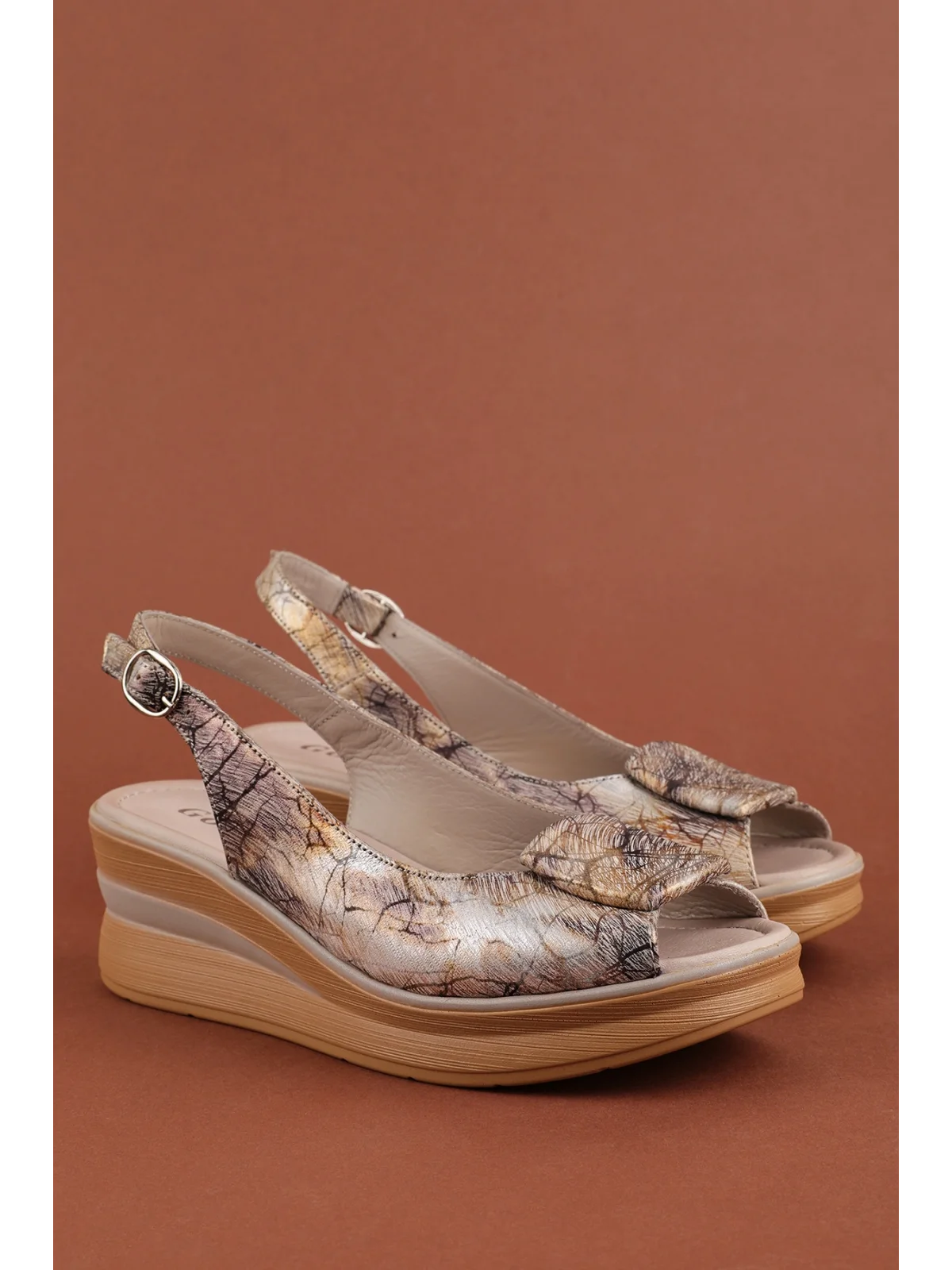 Gondol Hakiki Deri Platform Taban Sandalet pkr.1802 Vizon Desen
