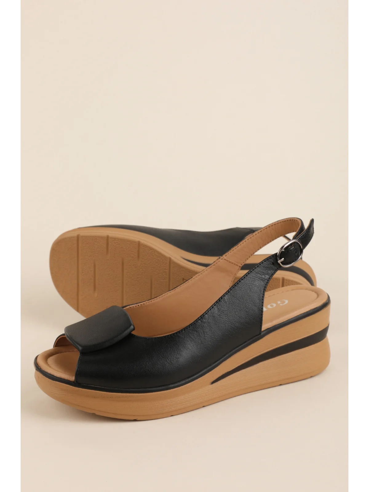 Gondol Hakiki Deri Platform Taban Sandalet pkr.1802 Siyah