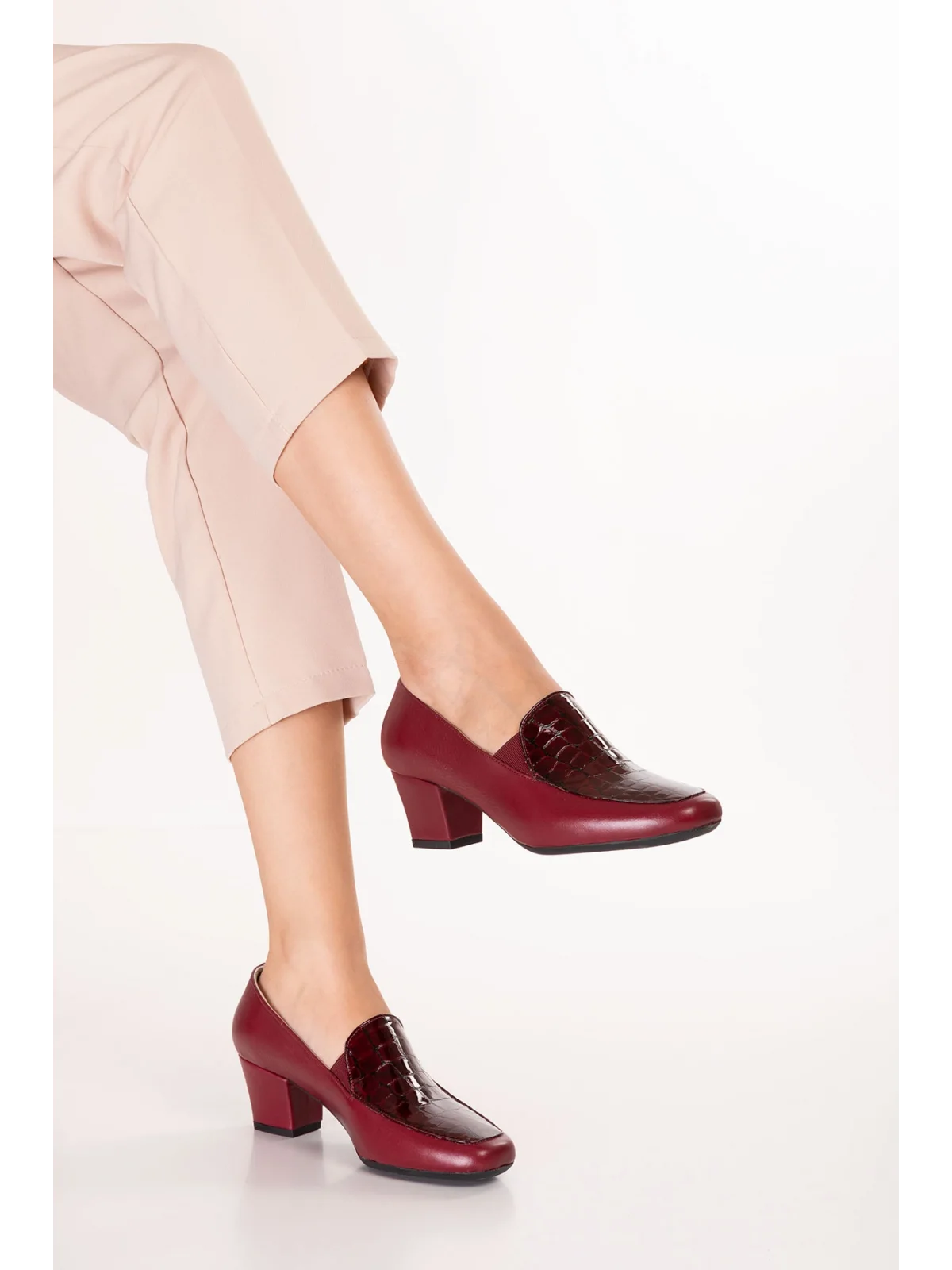 Gondol Hakiki Deri Kısa Topuklu Ayakkabı vdt.61 Bordo Croco