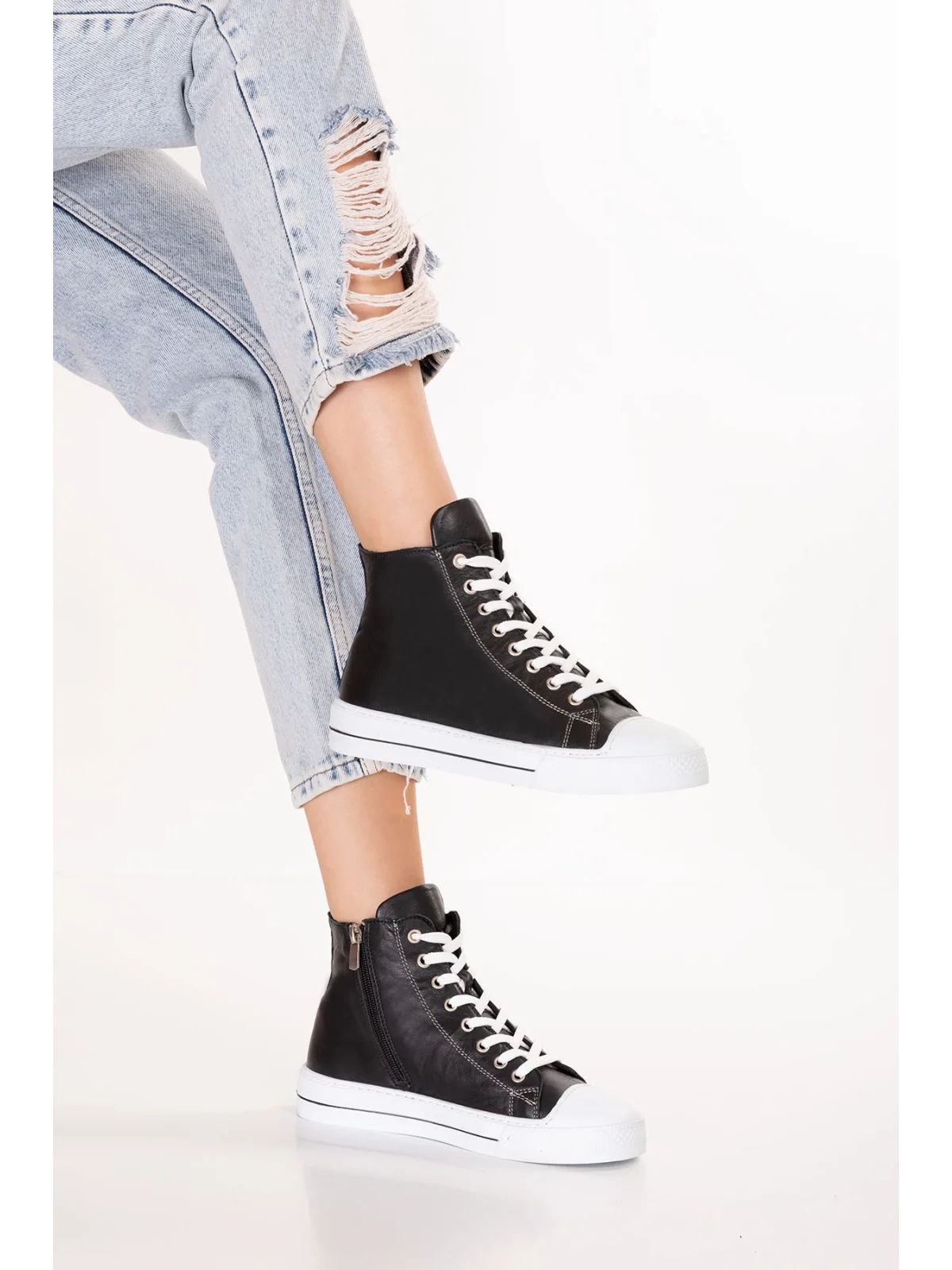 Gondol Kadın Hakiki Deri Günlük Yüksek Bilek Sneaker flf.671 Siyah
