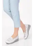 Gondol Kadın Hakiki Deri Anatomik Taban Dolgu Topuklu Lazer Delikli Ayakkabı pyt.6206 Beyaz