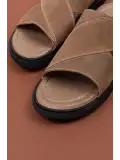 Gondol Erkek Hakiki Deri Çapraz Bant Terlik esm.303 Kum