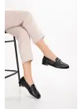 Gondol Hakiki Deri Kadın Köşeli Burun Loafer esl.b06 Siyah