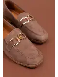 Gondol Hakiki Deri Kadın Köşeli Burun Loafer esl.b06 Vizon Süet