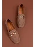 Gondol Hakiki Deri Kadın Köşeli Burun Loafer esl.b06 Vizon Süet