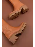 Gondol Hakiki Deri Kalın Taban Platform Topuklu Çizme vtg.23804 Taba