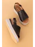 Gondol Kadın Hakiki Deri Platform Tabanlı Sandalet mlk.5353 Siyah