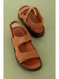 Gondol Unisex Hakiki Deri Cırtlı Ayarlanabilir Rahat Sandalet hkm.31 Taba