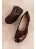 Gondol Hakiki Deri Dolgu Topuk Günlük Anne Ayakkabı ell.6806 Kahve Croco