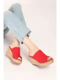 Gondol Kadın İçi Hakiki Deri Keten Dolgu Topuk Platform Sandalet ell.6948 kırmızı