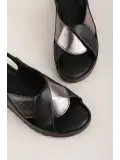 Gondol Hakiki Deri Günlük Çapraz Bant Sandalet rh.018 Siyah Çelik