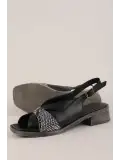 Gondol Kadın Hakiki Deri Kısa Topuklu Günlük Sandalet iz.10318 Siyah Yılan