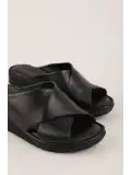 Gondol Hakiki Deri Dolgu Topuklu Günlük Çapraz Bant Terlik rh.043 Siyah