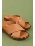 Gondol Hakiki Deri Dolgu Topuklu Günlük Çapraz Bant Terlik rh.043 Taba