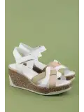 Gondol Hakiki Deri Dolgu Topuklu Günlük Sandalet rh.401 Beyaz-Yeşil