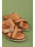 Gondol Hakiki Deri Rahat Konforlu Günlük Çapraz Bant Terlik rh.012 Taba