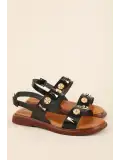 Gondol Hakiki Deri Vaketa Tarzı Günlük Sandalet crm.252 Siyah