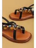 Gondol Hakiki Deri Vaketa Parmak Arası Süslü Sandalet crm.305 Siyah