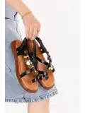 Gondol Hakiki Deri Vaketa Parmak Arası Süslü Sandalet crm.305 Siyah