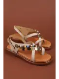 Gondol Hakiki Deri Vaketa Parmak Arası Süslü Sandalet crm.305 Vizon