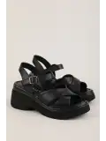 Gondol Hakiki Deri Platform Taban Topuklu Sandalet pkr.64004 Siyah