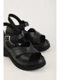 Gondol Hakiki Deri Platform Taban Topuklu Sandalet pkr.64004 Siyah