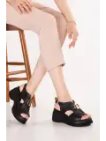 Gondol Hakiki Deri Platform Taban Sandalet pkr.64027 Siyah