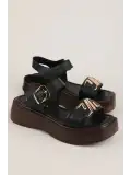 Gondol Hakiki Deri Platform Taban Sandalet pkr.2401 Siyah