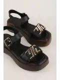 Gondol Hakiki Deri Platform Taban Sandalet pkr.2401 Siyah