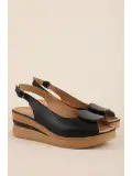 Gondol Hakiki Deri Platform Taban Sandalet pkr.1802 Siyah
